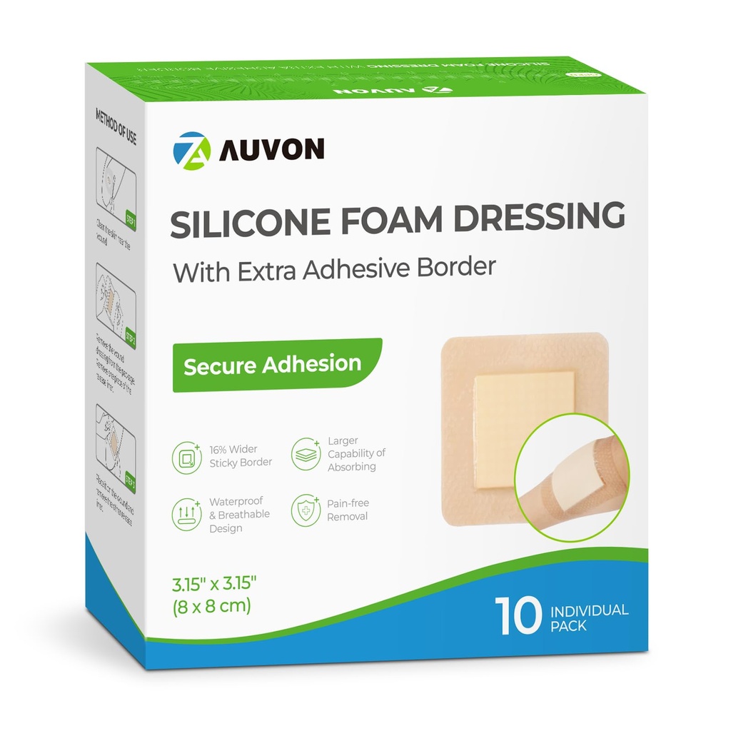 Auvon Silicon spuma Dressing cu margine adezivă mare, 3" x 3" 10 Packs Bandaj de dressing rana cu absorbenta ridicata, Silicon rezistent la apa Pad-uri pentru Ingrijirea si Protectia ranilor Plus Cushioning