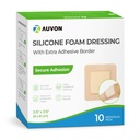 Auvon Silicon spuma Dressing cu margine adezivă mare, 3" x 3" 10 Packs Bandaj de dressing rana cu absorbenta ridicata, Silicon rezistent la apa Pad-uri pentru Ingrijirea si Protectia ranilor Plus Cushioning
