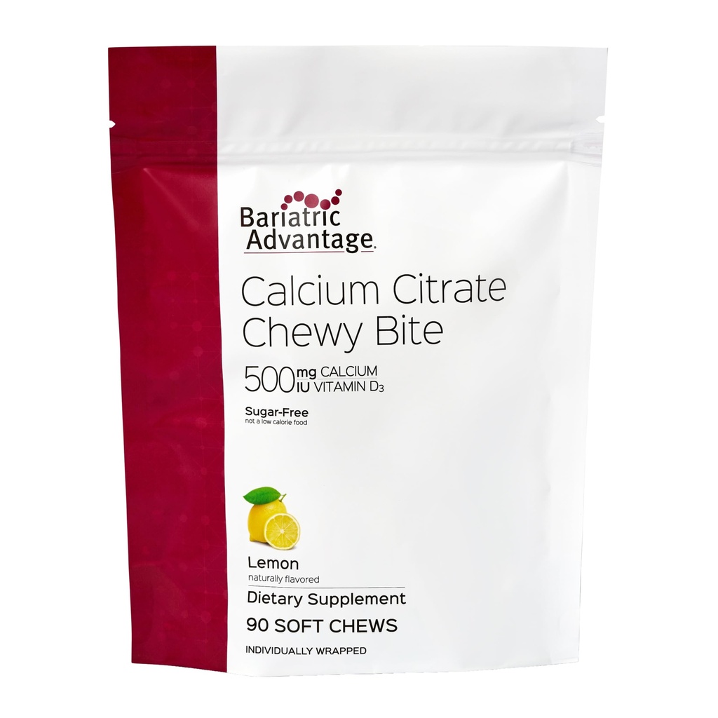 Bariatric Avantaj Calciu Citrate Chewy Bites 500 mg - Foarte absorbabil & Digestible - Vitamina D3 - Supliment de calciu ușor de mestecat - Aroma de lamaie - 90 Conte