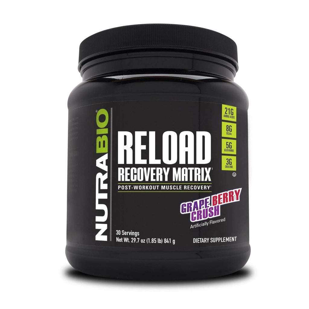 NutraBio Reload - Formula puternica de recuperare musculara - Supliment post-workout - Creatina 3G - BCAAs 8G - 5G Glutamina - 30 Serviri, Grape Berry Crush
