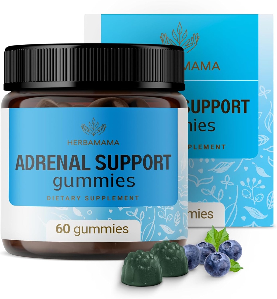 HERBAMAMA de sprijin adrenal Gumies - Pure Adrenale Complex Supliment pentru femei cu rădăcină Ashwagandha, Rhodiola Rosea & Magneziu - Vegan, Non-GMO - 60 Pectin-Based Blueberry-Flavored Chews