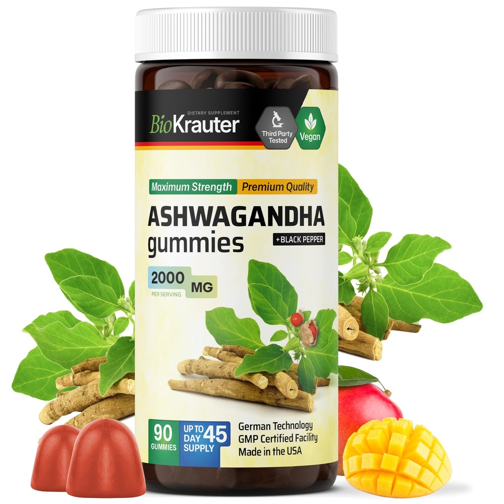 BIO KRAUTER Ashwagandha Gummies pentru femei si barbati - 2000 mg Putere - 90 Chews for Mood Support - Chewable Ashwagandha Suplimente - Vegan - Mango Flavor