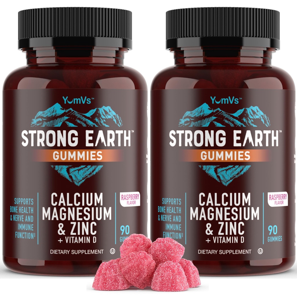 YUM-V'S Calciu, Magneziu, Zinc & Vitamina D Gummies, Cal Mag Chewable Supplement, Vegetarian Kosher Halal Natural Zmeură Aroma Gumițe pentru adulți Femei & Bărbați - 90 Count (Pachet de 2)
