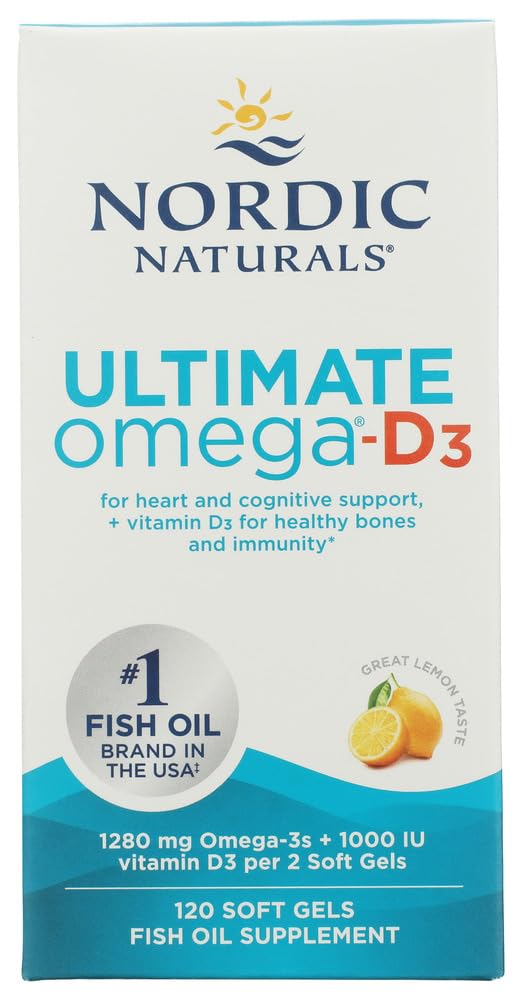 Naturale nordice Omega-D3, Aromă de lămâie - 120 Geluri moi - 1280 mg Omega-3 + 1000 UI Vitamina D3 - EPA & DHA - Promovează creierul, inima, și sănătatea imună - 60 Serviri