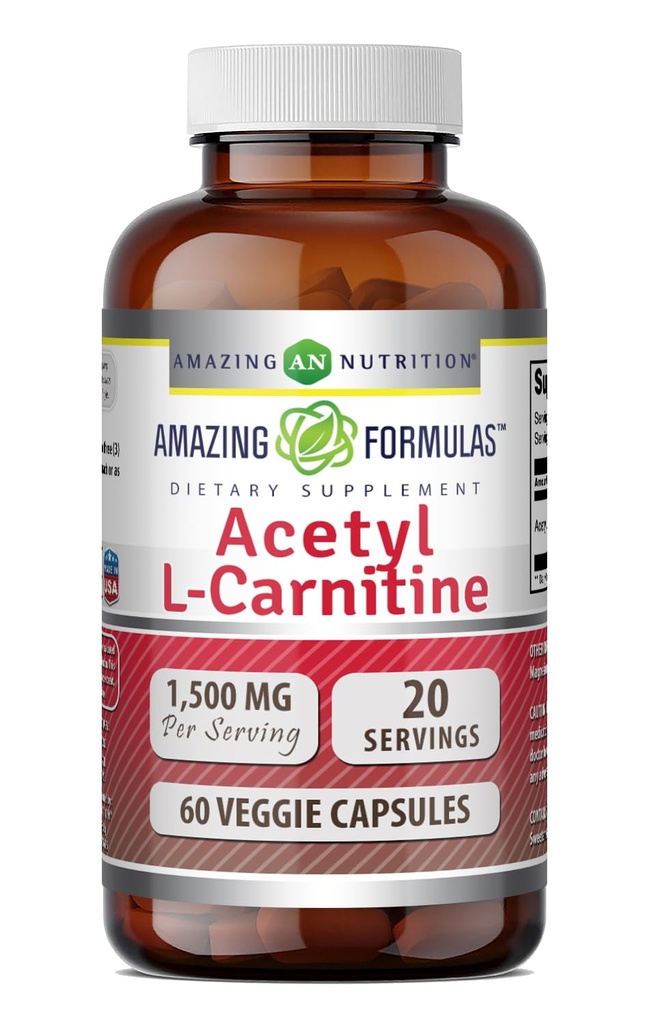 Formulari uimitoare Acetil L-Carnitina Hcl Veggie Supliment alimentar - 500 Mg, Capsule vegetale (fără OMG,Gluten gratuit) Pe flacon - Promovează producția de energie și funcția cognitivă (60 Conte)