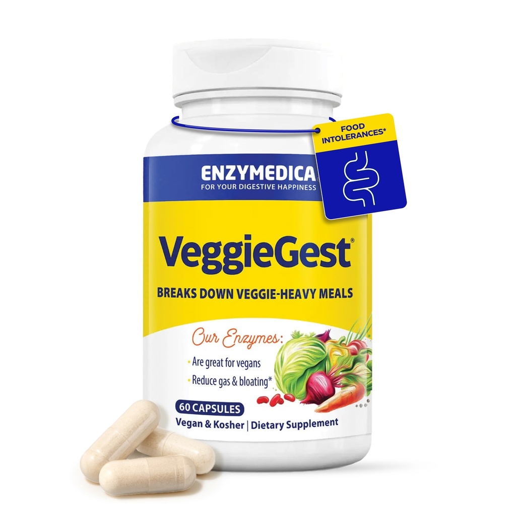 Enzymedica, VeggieGest, Enzime digestive, Suportă Ocazional Gas & Blooting Relief de la mese de mare fibre, pentru diete Vegan & Vegetarian, Enzyme Blend pentru Digestive Health, 60 Conte