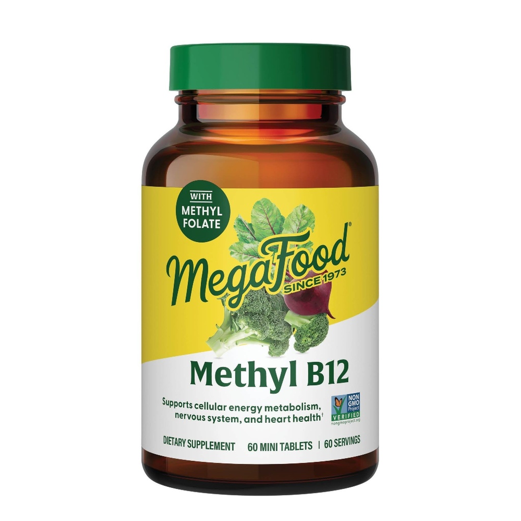 Megafood Metil B12 - Vegan - Include Folat de metil, vitamina B12 și B6 - susține producția de energie celulară, sistem nervos de sănătate și funcție cardiovasculară - 60 comprimate