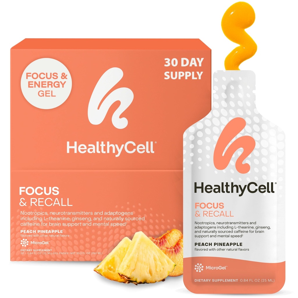 Healthycell Focus & Recall, Daily Liquid Brain Supplement for Focus & Memory - Nootrops Supplement for Concentration & Alertness with L-Theanine, Omega-3 & Taurine - 30 Gel Packs