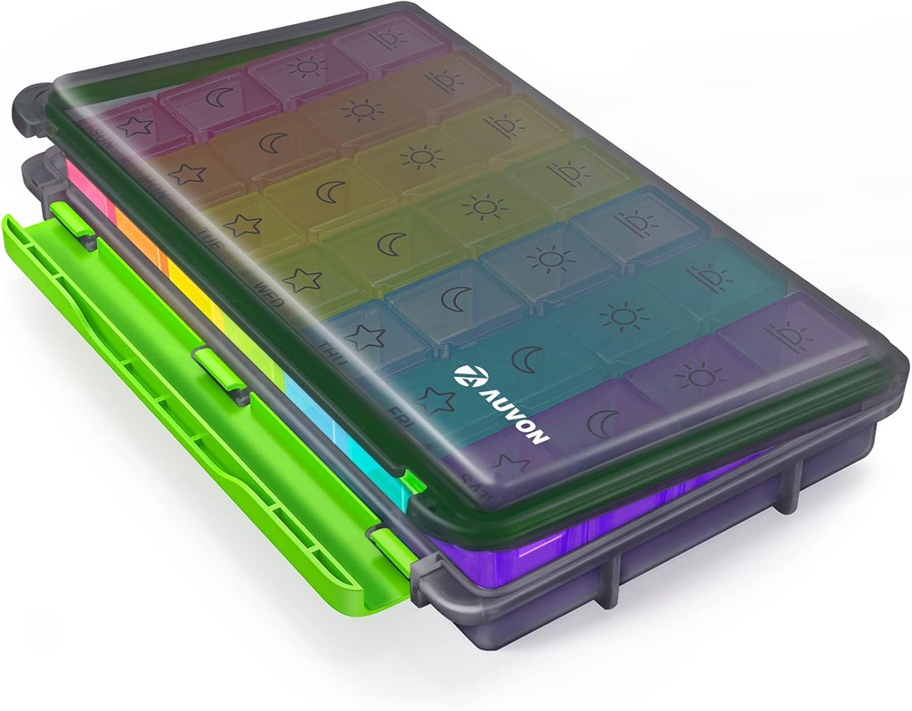 Auvon iMedasist Umiditate-Proof Weekly Pill Organizator de 4 ori pe zi, mare de 7 zile Pilula caz cu Design Portabil pentru Călătorii, Containere individuale detașabile dețin vitamine, suplimente, medicamente