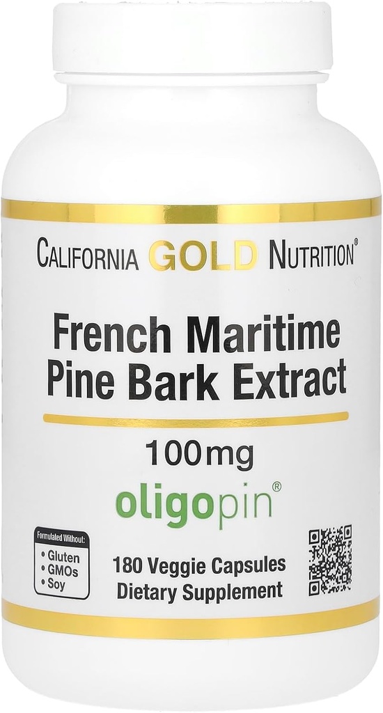 California Gold Nutrition Pine Bark Extract, Franceză Maritime, Oligopin, Antioxidant Polyfenol, 100 mg, 180 Capsule Veggie