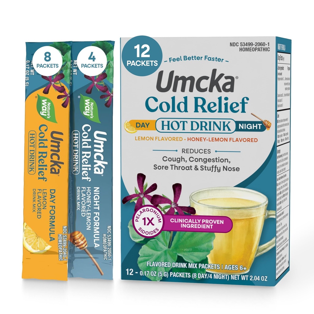 Natura's Way Rece Relief Hot Drink, Umcka, Homeopatic, clinic dovedit Pelargonium Sidoides 1X, pentru Tuse, Congestion, Sore Throat, Stuffy Nose, Day & Night Formula, 12 Packets (Packaging May Vary)