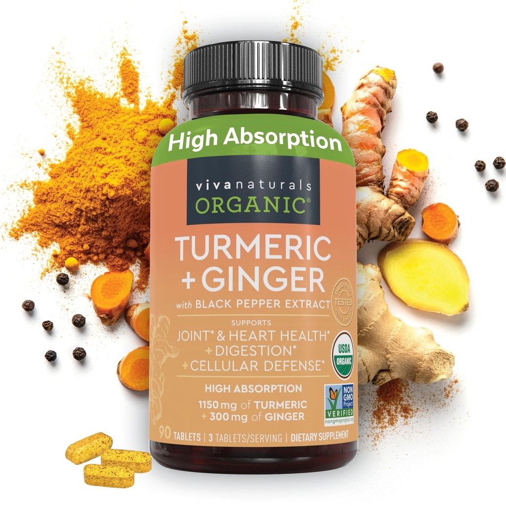 Viva Naturals Ecologic Turmeric şi Ginger Suplimente cu extract de piper negru pentru suport comun -1450 mg per Serving Tumeric Ginger Pilule cu 150 mg de Turmeric Standardizat la 95% Curcuminoide