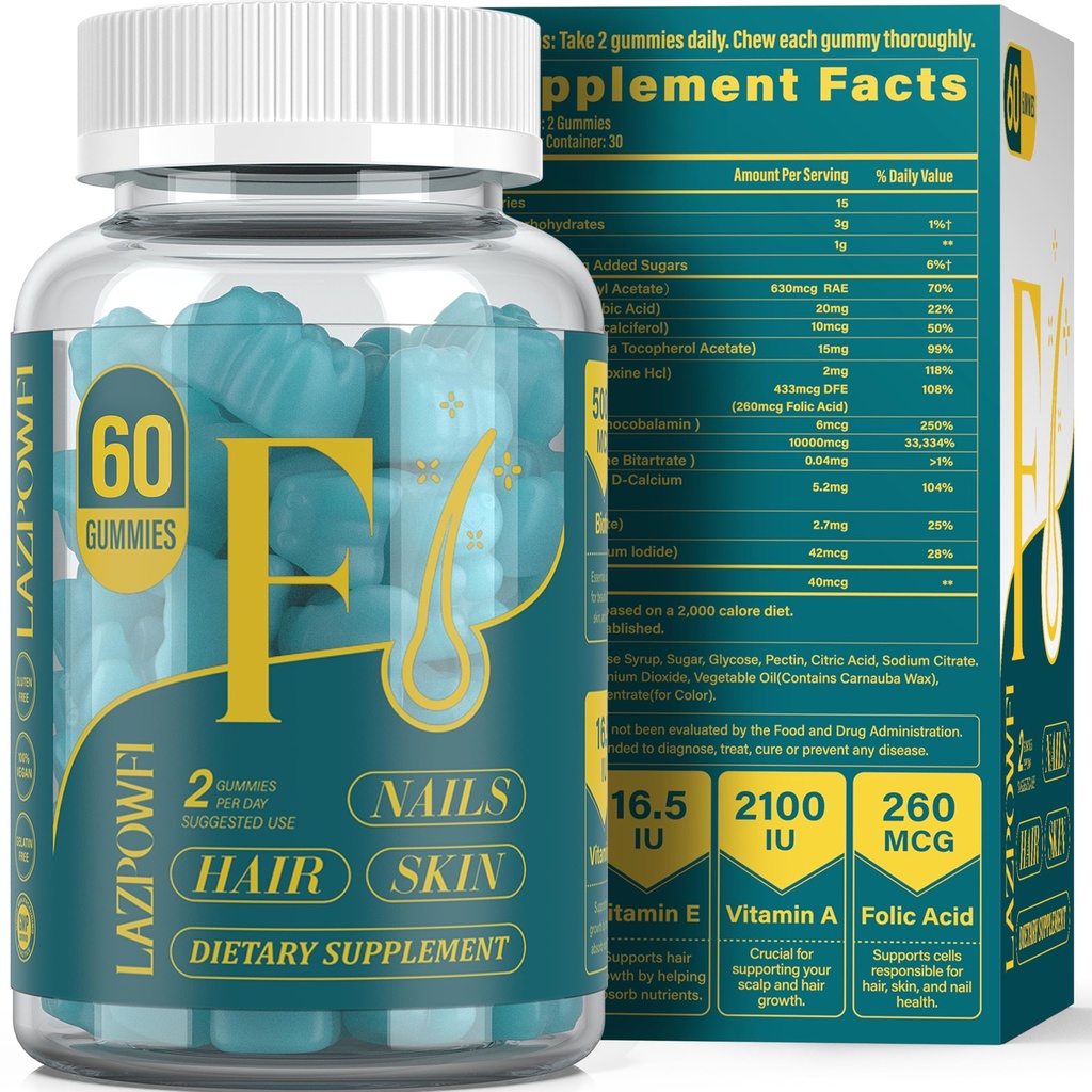 Biotin Gummies - Hair Skin and Nails Vitamine pentru bărbați și femei, Vegan Vitamina B7, susține creșterea părului și unghii mai puternice, 30 de zile de aprovizionare - Blueberry-60 Counts
