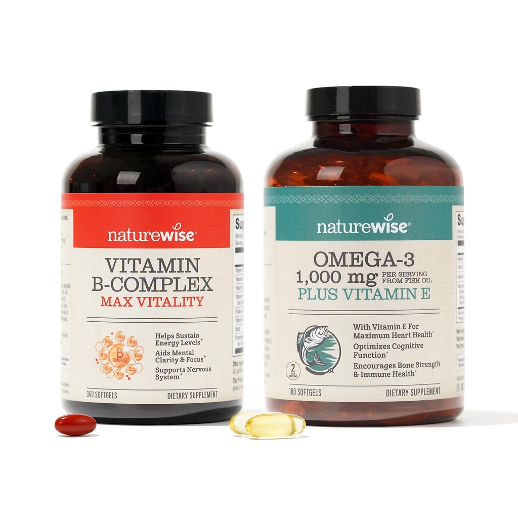 NatureWise Vitamina B Complex 360 Softgels & Omega 3 ulei de pește 180ct pentru energie, inimă, creier, Immune & Vision Support