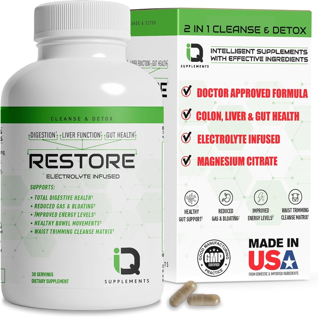 Restore 2 In 1 Colon Cleanse & Detox w/ Psyllium - Supports Digestion, Debloating & Constipation Relief for Women & Men, Gut Detox Cleanse w/ Magnesium | Electrolyte Infused Colon Cleanser & Detox