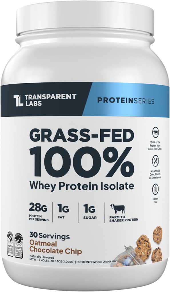 Labs Transparent Labs Grass-Fed Proteina Whey Izolat - natural aromat, Gluten Free Whey Pulbere de proteine cu 28g de proteine per Servire & 9 Aminoacidi - 30 Serviri, fulgi de ovăz Ciocolata Cookie