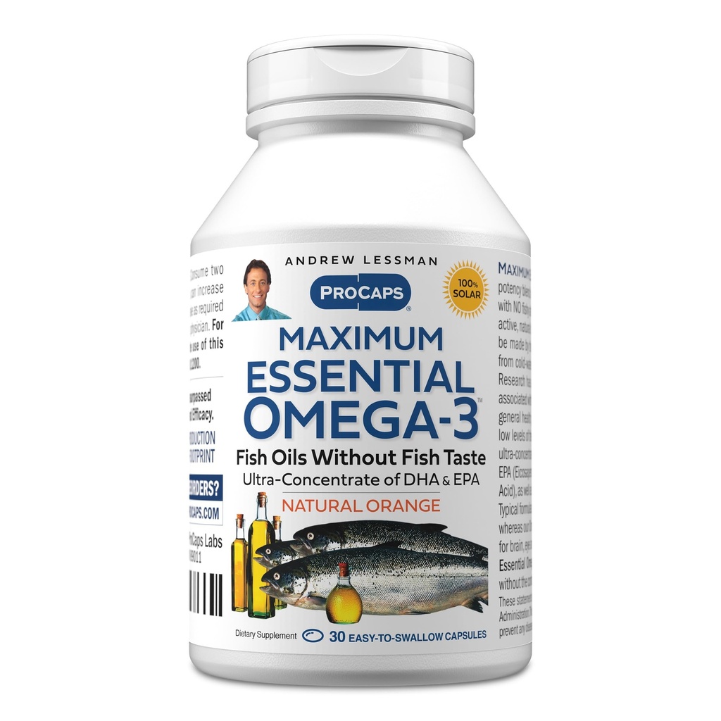 ANDREW LESSMAN Maximal Essential Omega-3 Orange - 30 Softgels - Ultra-Pure, ulei Omega-3 de mare potenta. High DHA, fără probleme cu stomacul, fără contaminări, fără mercur. Small Easy to Swallow Softgels