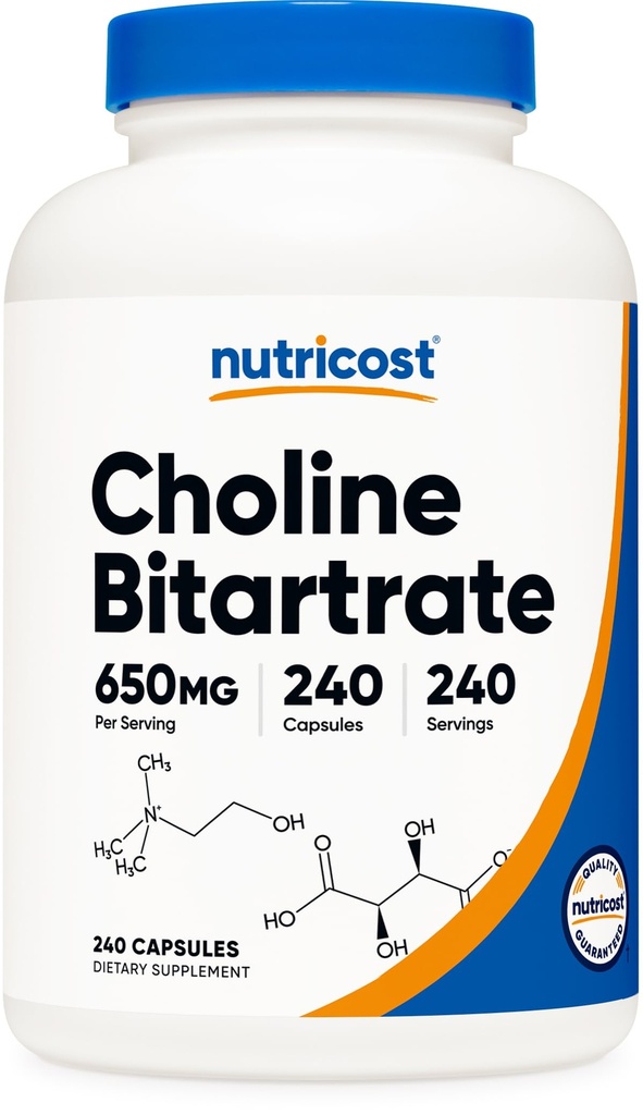 Nutricost Choline Bitartrat 650 mg, 240 capsule vegetariene - non-GMO, vegetarian prietenos, gluten gratuit