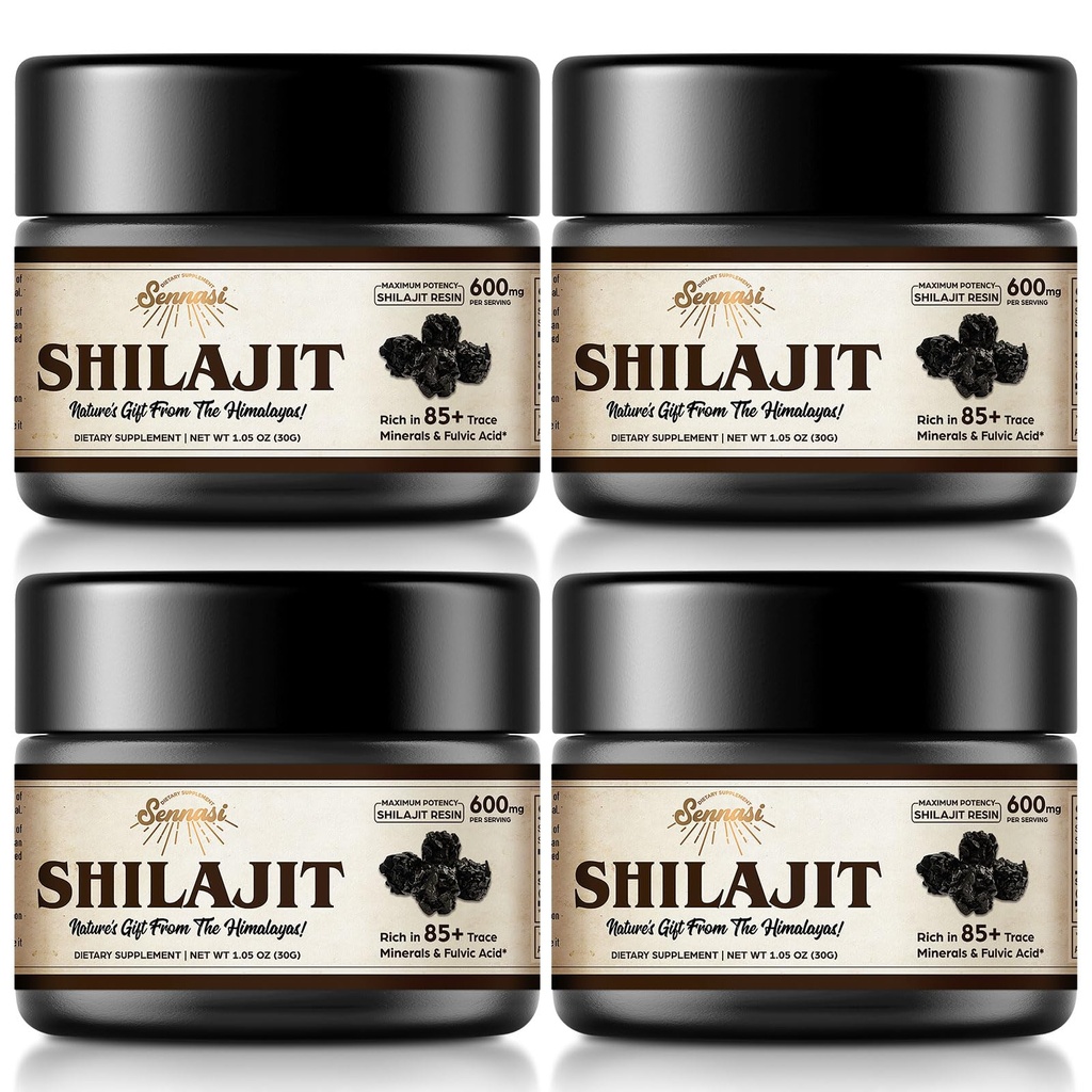 Shilajit Pure Himalayan Organic Shilaj Resin - 600 mg Potenta maxima Silajit Natural Organic Resin cu 85 + Trace Minerale & Acidul pelvian pentru energie, Suport Imun, 30 Grams (4 Pack)