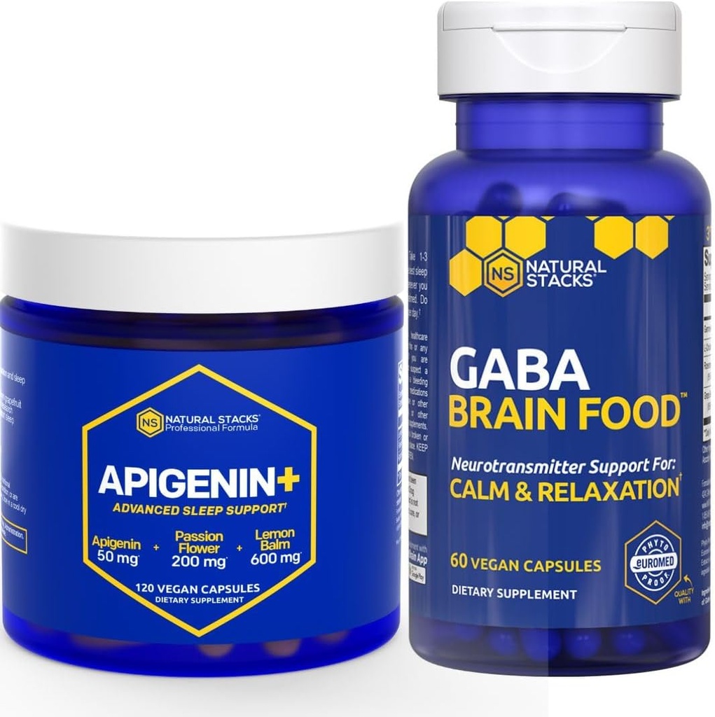 Natural STACKS GABA Brain Food + Apigenin Suplement for Sleep Bundle - Supports relaxation and Sleep* - 180 Total Capsule