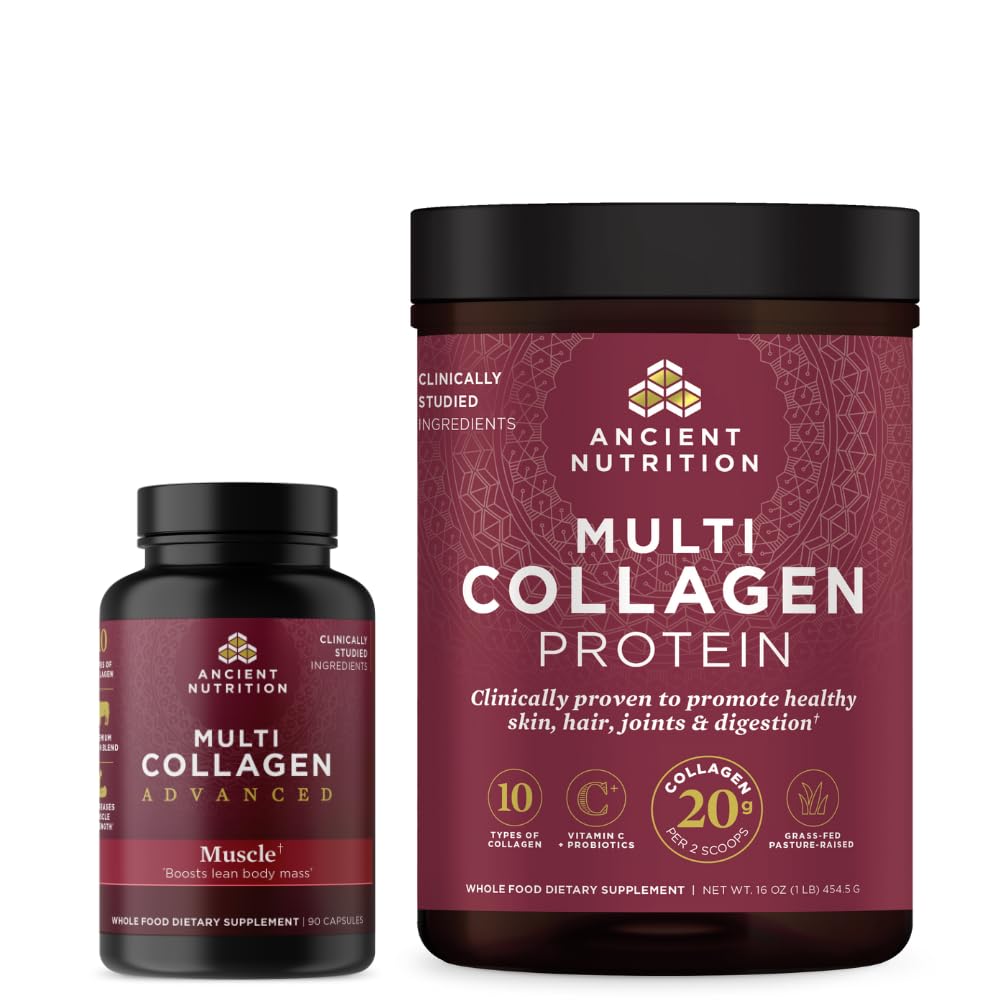 Nutriție antică Multi Colagen Capsule avansate, musculare, 90 Conte + Multi Colagen Pulbere de proteine, Nearomate, 45 Serviri