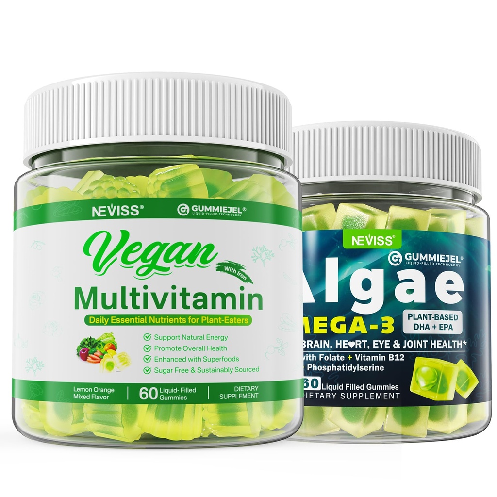 Vegan Omega 3 Gumries 1000mg cu multivitamine Vegane pentru Femei cu Fier, Vitamina B12, A, D3, K2, Algae Omega 3, Magneziu, Zinc