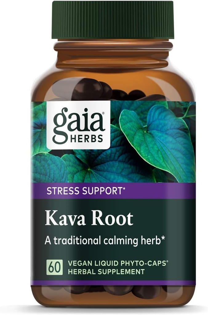 Gaia Herbs Kava Root, Vegan capsule lichide, 60 Conte - Suportă echilibru emoţional, calm şi relaxare, potenţă garantată 75mg Active Kavalactonă