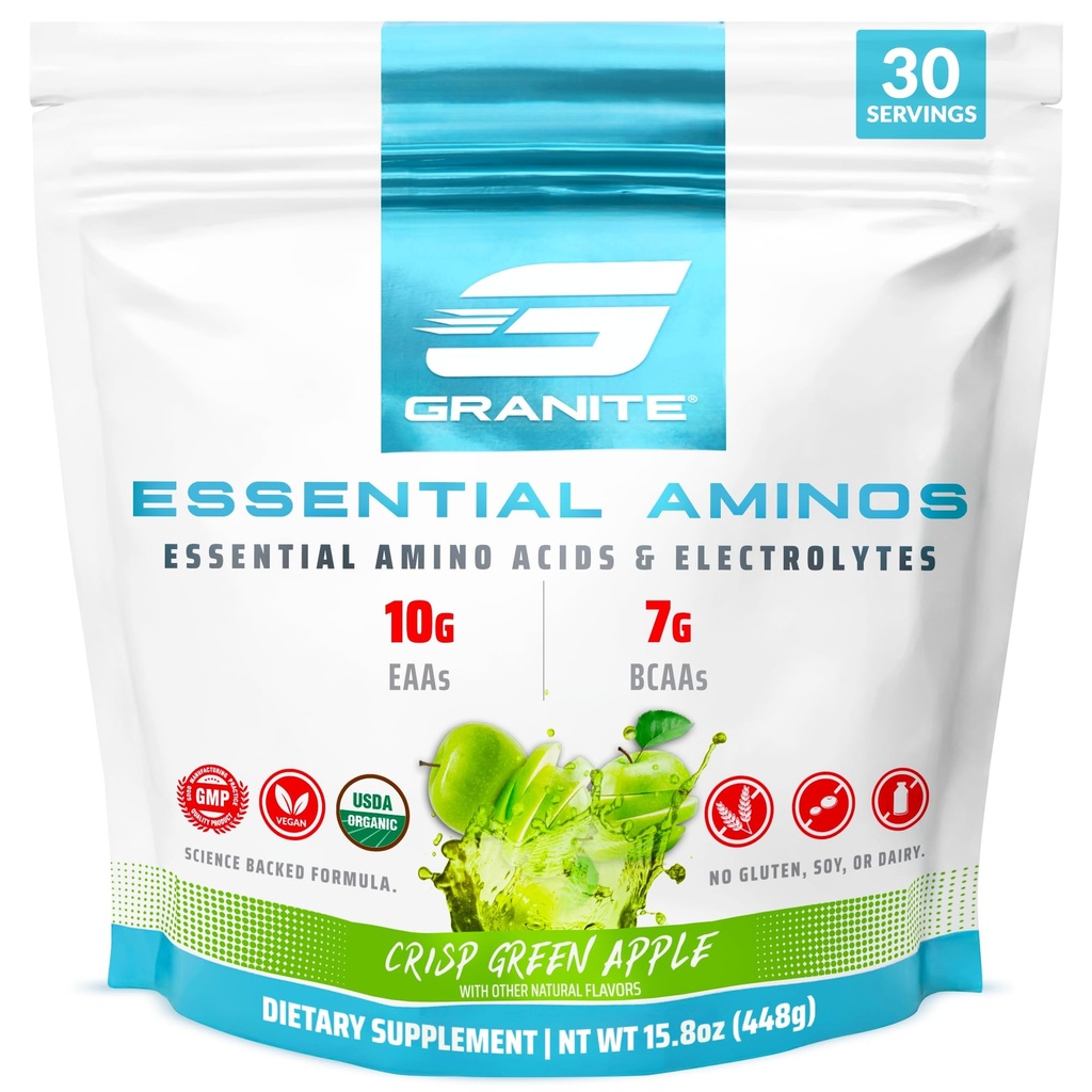 Granite Essential Amino Acids Powder, Green Apple Flavor, cu 10g EAAs și 7g BCAAs, susține recuperarea și creșterea musculară, Soy-Free, Gluten-Free (30 Servings)