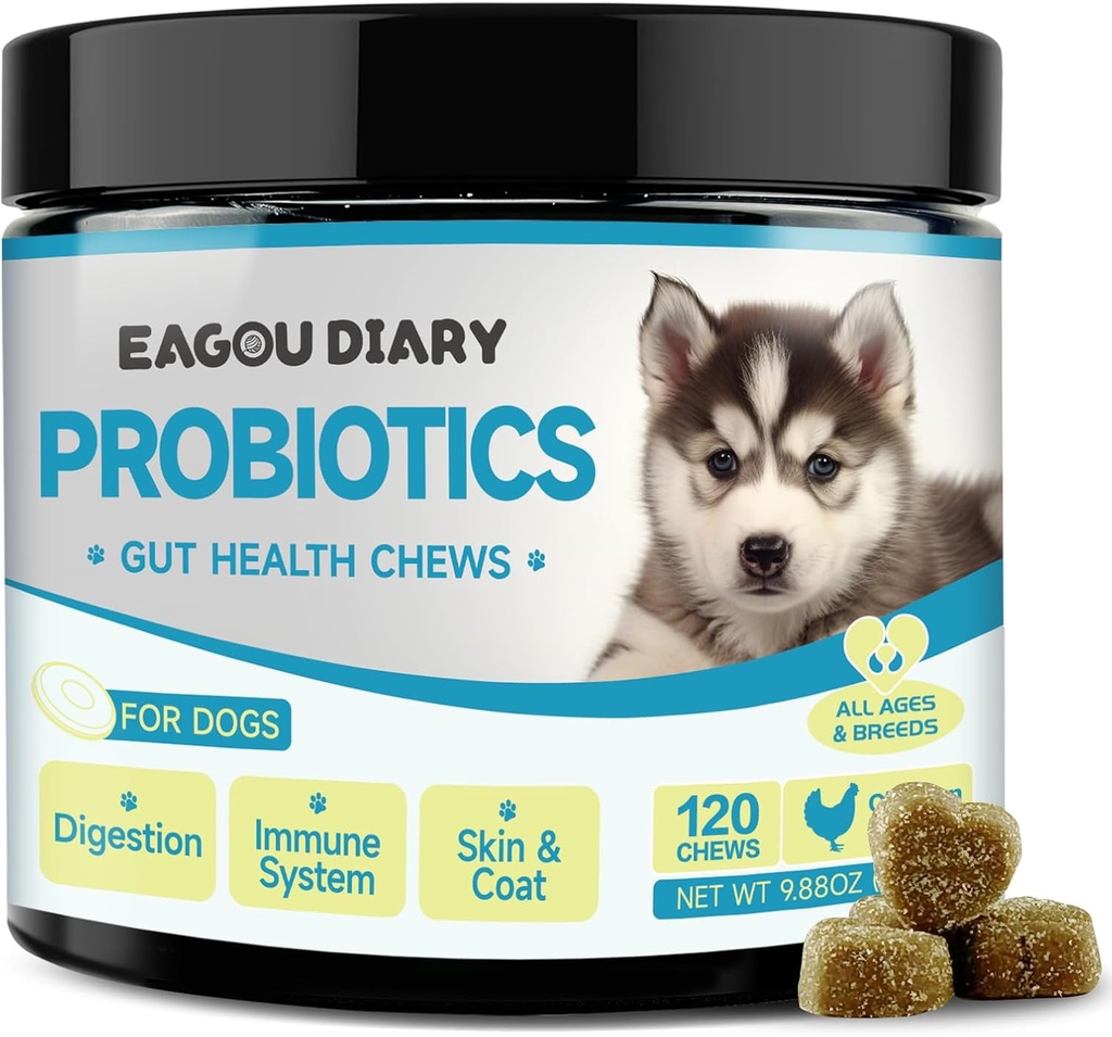 Eagou Diary Probiotice pentru câini - Probiotice pentru câini pentru sanatate digestiva, Suplimente pentru sanatate cu prebiotice, lapte de capră, Omega 3, vitamine, Chews pentru diareea canina, stomac, relief gaz - 120 Ct