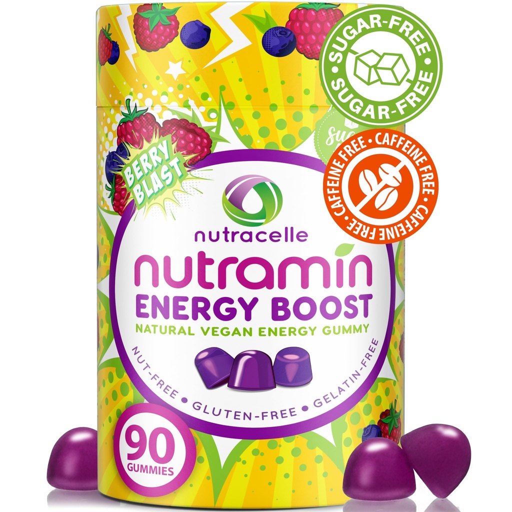Nutramin Energy Boost Vitamina Gummy - Skip The Coffee & Boost Your Energy, Caffeine-Free, Sugar-Free, Vegan, B12, Ceai Verde, Ashwagandha, Garcinia Cambogia, Raspberry Adaptogen - 90 ct