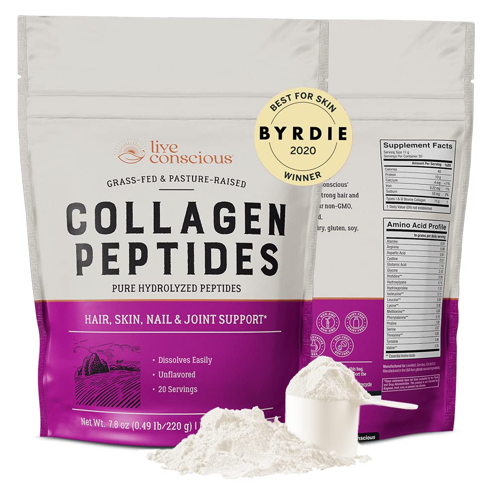 Live conştient Colagen pulbere Hidrolyzed Colagen Peptides tip I & III - Keto & Paleo Friendly - Unflavored - 20 Servings, 7.8 oz