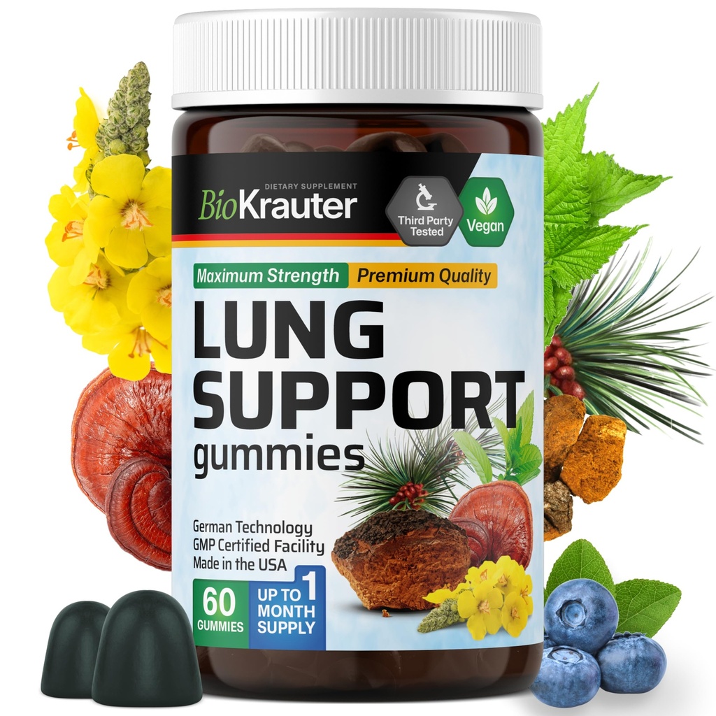 BIO KRAUTER Lung Detox Gummies - 60 Vegan Chews - Lung Cleanse Supliment w/Vitamin C & Mullein Leaf Blend - Suport respirator
