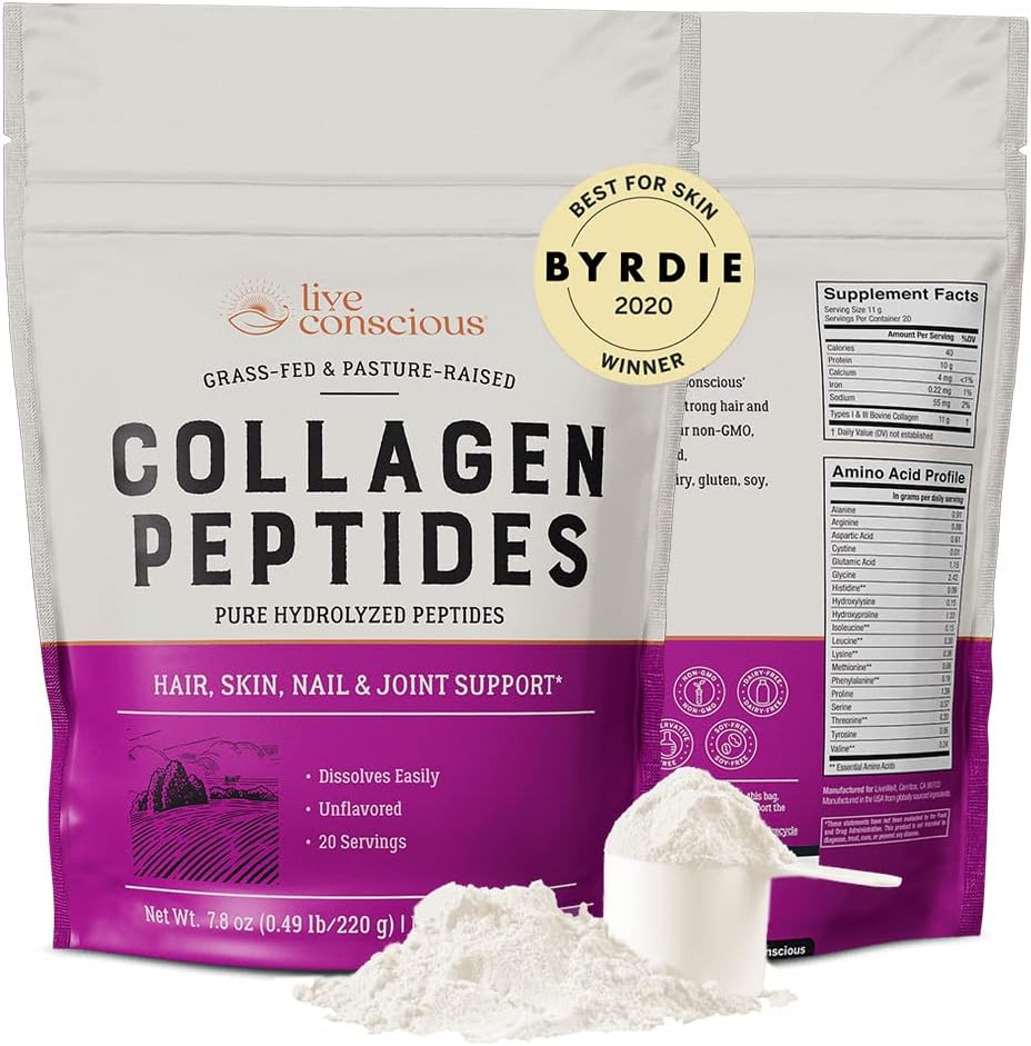 Live conştient Colagen pulbere Hidrolyzed Colagen Peptides tip I & III - Keto & Paleo Friendly - Unflavored - 20 Servings, 7.8 oz