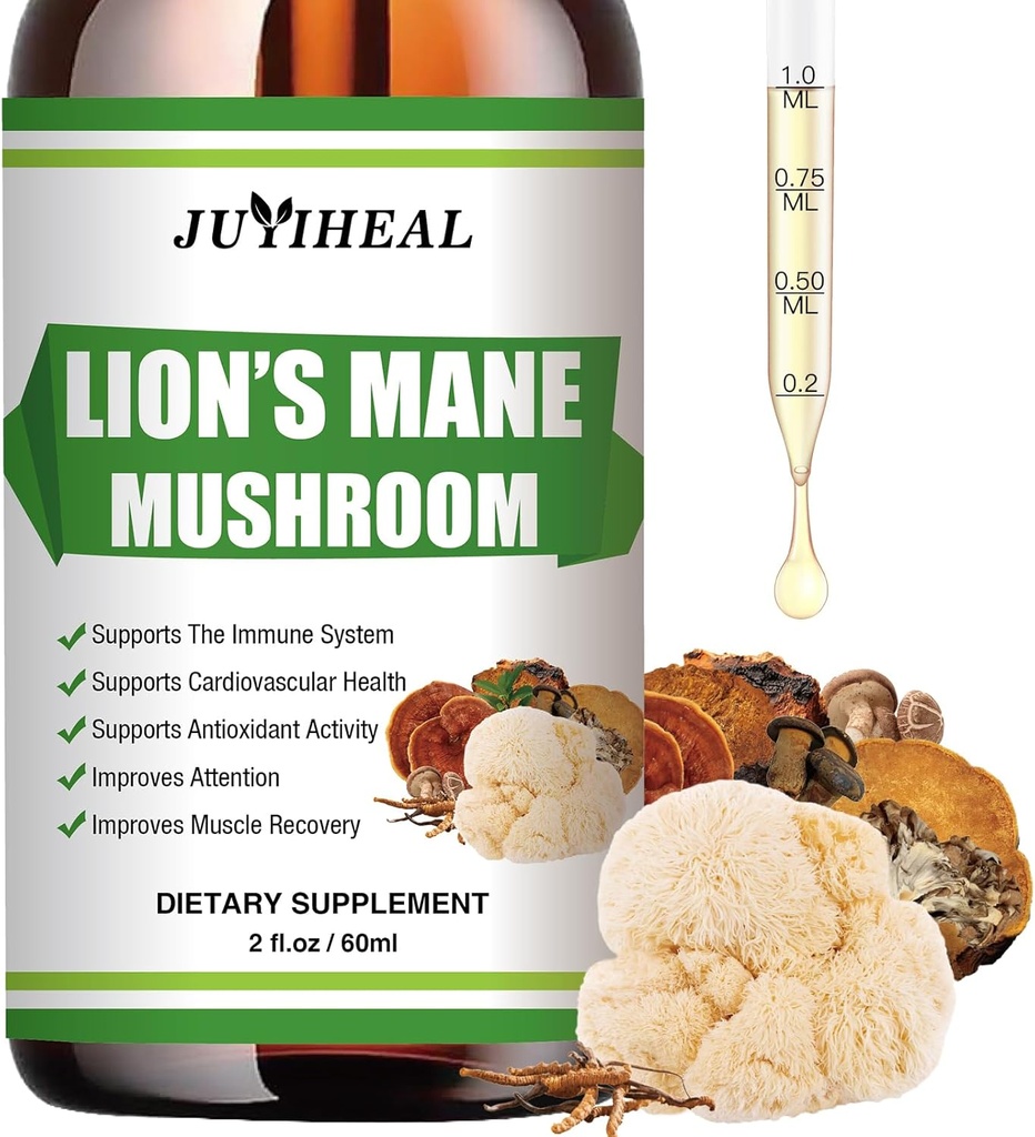 Lions Mane Liquid - Brain Support, Energy, Memory & Focus - Sugar & Alcohol-Lions Mane Supliment - 2 Fl OZ, 2 luni de aprovizionare