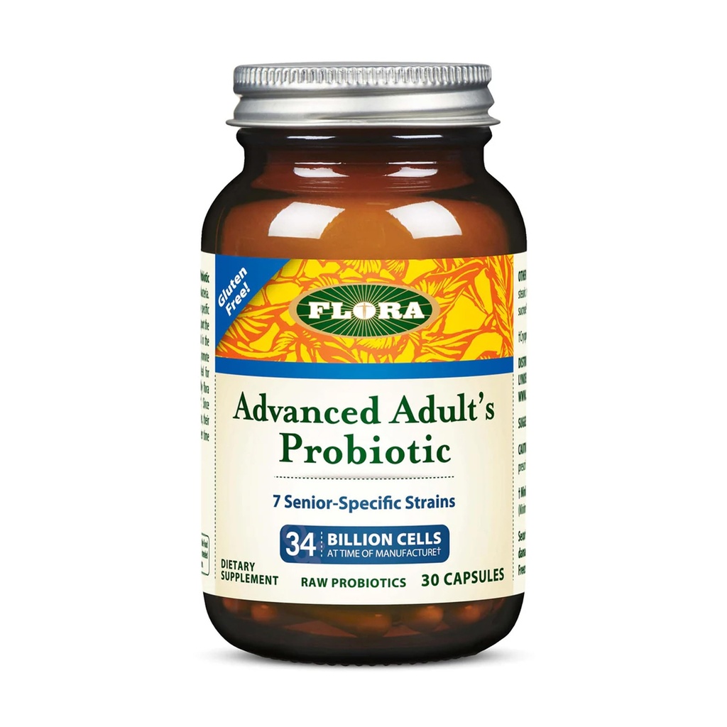 Flora - Advanced Adult's Blend Probiotic, Seven Senior-Special Strains, Gluten Free, Raw Probiotic cu 34 de miliarde de celule, 30 capsule