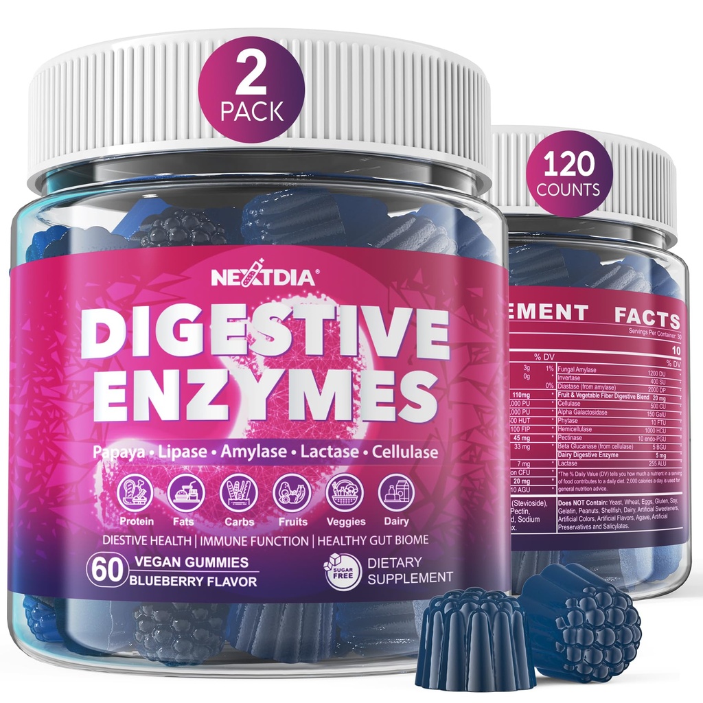 Enzime digestive pentru femei si barbati Gummies w/ Probiotice, Papaya, Bromelain, Ginger - Bloating Relief & Gut Health Suplement Digest Proteine Dairy Carbs legume grasimi, Sugar Free Vegan, 120Cts