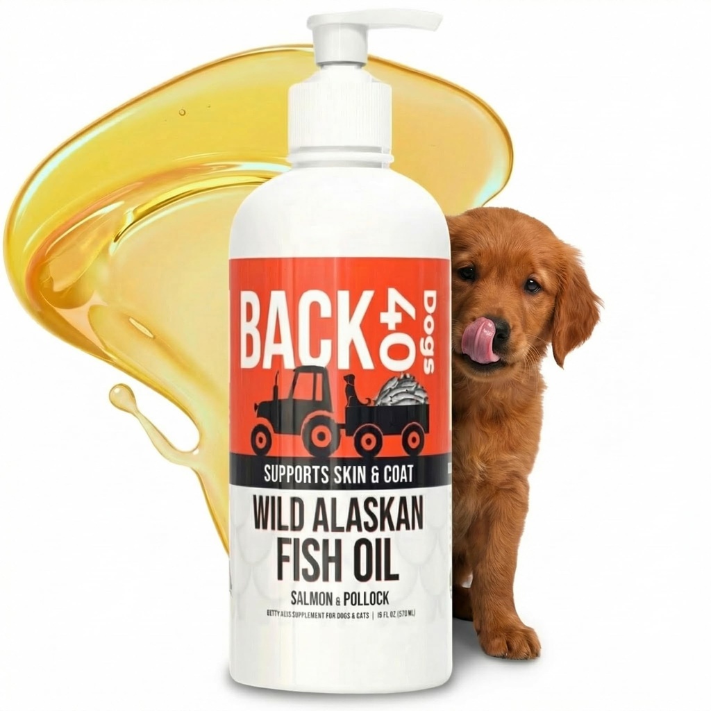 BACK 40 Câini sălbatice Alaska ulei de pește pentru câini, piele și strat Supliment pentru câini și pisici, Omega-3-Rich Salmon și ulei Pollock, EPA & DHA Dog Somon ulei pentru creier, inimă, și articulații 16 fl oz (473 ml)