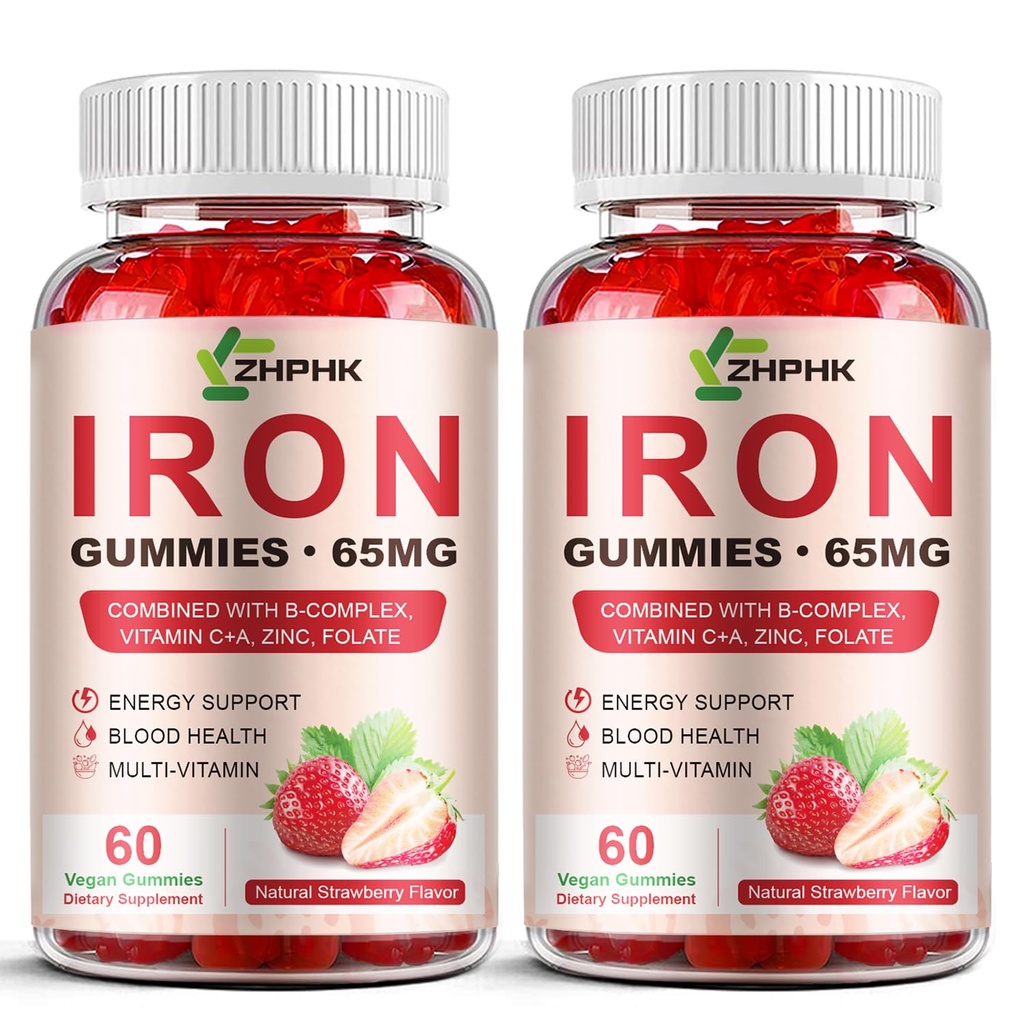 Supliment de fier Gumies pentru femei, bărbaţi şi copii, 65mg Fier & 250mg Vitamina C pe servire - Sânge sănătos, energie şi suport imunitar Vitamina de fier Gummy cu Folat, 2 ambalaj