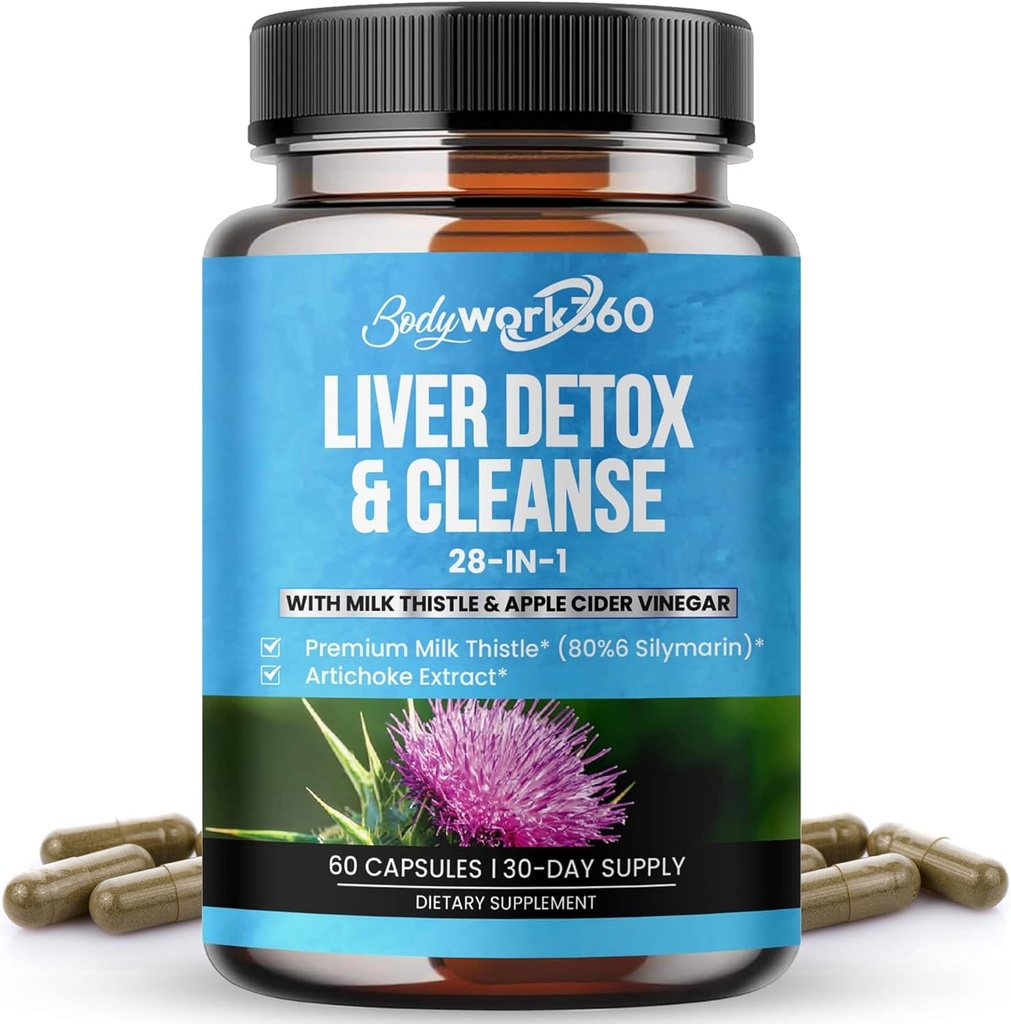 Detoxifiere hepatica & Cleanse - 28-in-1 Reparare hepatica & Supplement pentru barbati si femei cu muls de lapte, cidru de mere Vinegar, extract de root Dandelion si extract de anghinare - non-GMO, 60 capsule