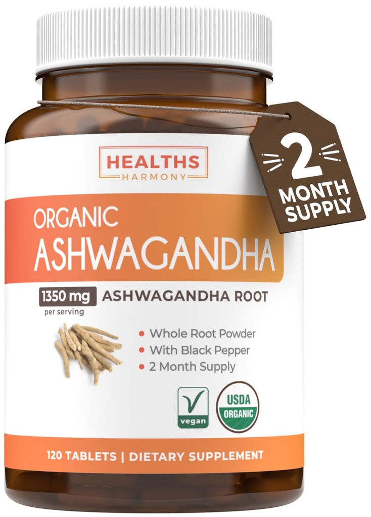 USDA Organic Ashwagandha Supliment - pastile de mare potenta Ashwagandha realizate cu Pepper negru organic pentru absorbție îmbunătățită - Vegan non-GMO fabricate în SUA & Lab verificat (2 luni de aprovizionare)