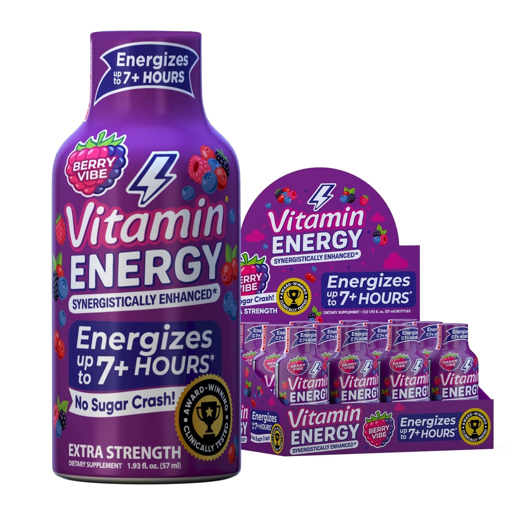 Vitamina Energie B12 11,000% Extra Putere Energie Shot Pink Berry 12 Pack, 260mg Natural Cafeina, B12 & B6, Nootrop Focus, Vitality, Zero Zahăr, Gluten-Free, Vegan, Kosher, 1.93 fl oz