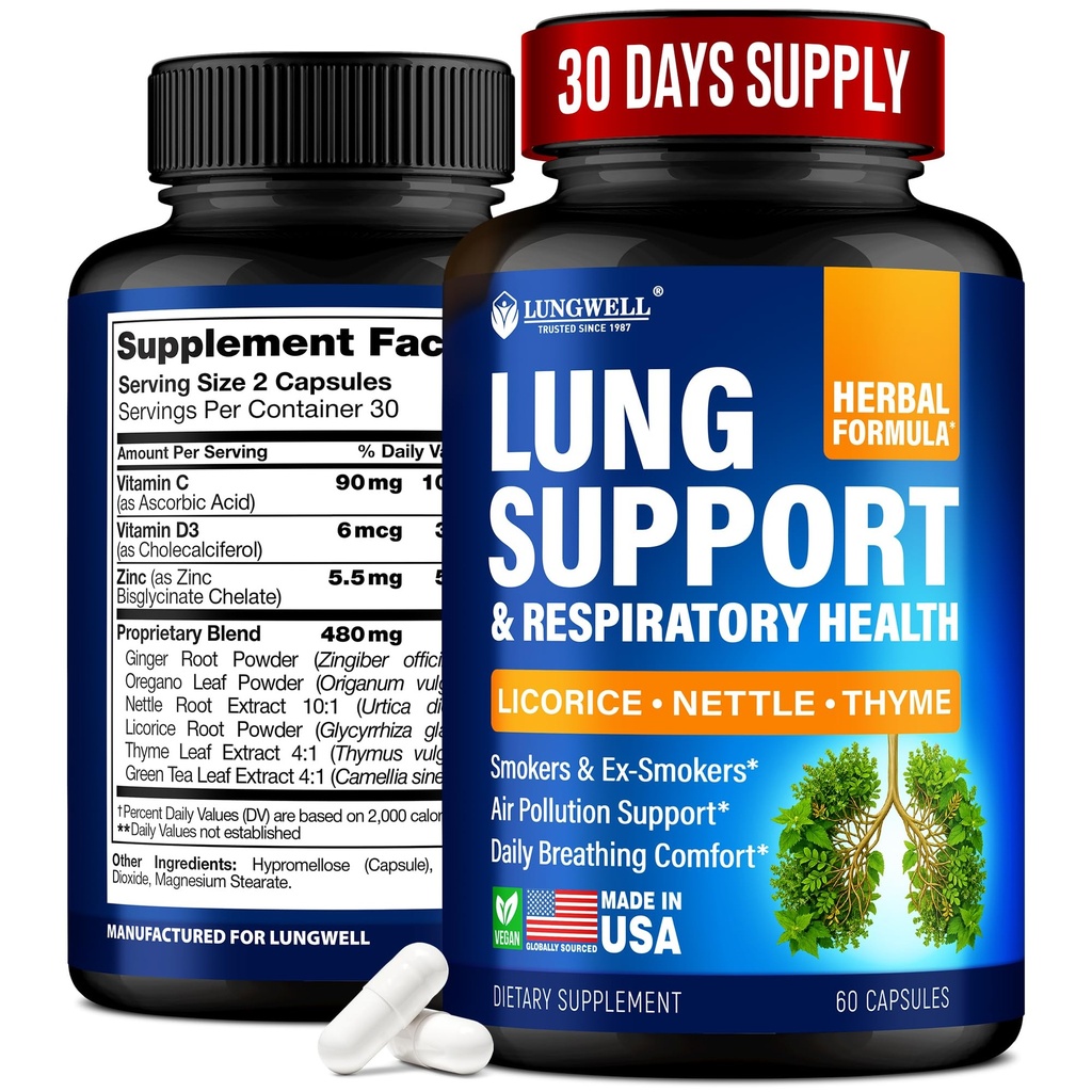 Renunţaţi la fumat Ajutor pentru Lung Cleanse & Sănătate - Made in USA - Detoxifiere pulmonara cu rădăcină de lemn dulce, ghimbir şi rădăcină de ţâţă, ceai verde, cimbru şi frunze de Oregano pentru Lung Curata de sprijin şi stres ajutor - 60 capsule