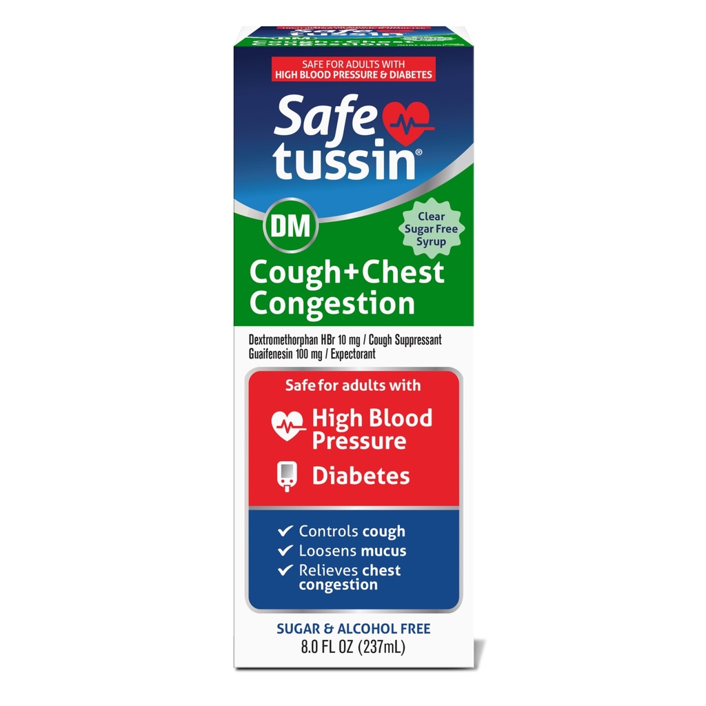Safetussin DM Tuse &amp; congestie toracică, 8 oz, Expector Mucus Relief, Tuse Relief Syrup, Sigur pentru adulții cu tensiune arterială mare și diabet zaharat