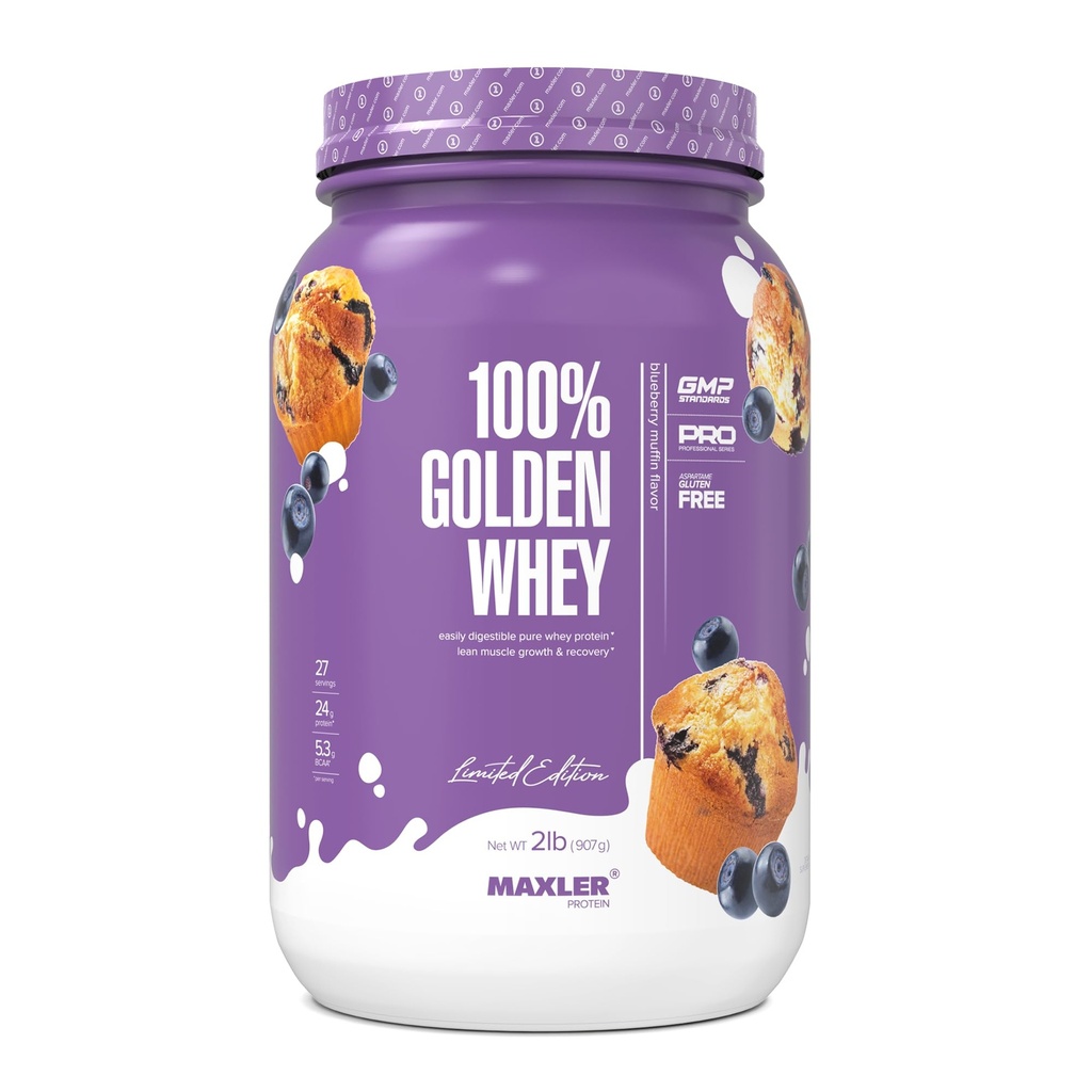 Maxler 100% Golden Whey Proteina - 24g de proteine per Servire - Premium Whey Pulbere de proteine pentru Pre Post Antrenament - Fast-Absorbing Whey concentrat, Izolat & Hidrolysat Blend - Blueberry Muffin 2 lb