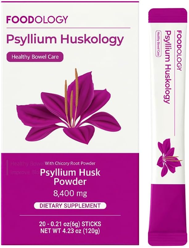 ALIMENTAR Psyllium Huskology (20 Sticks, 10 Days) - Herbal Psyllium Husk Supliment pentru constipație Relief, Gut Health. Fibră dietetică pe bază de plante, putere maximă 7,200 mg.