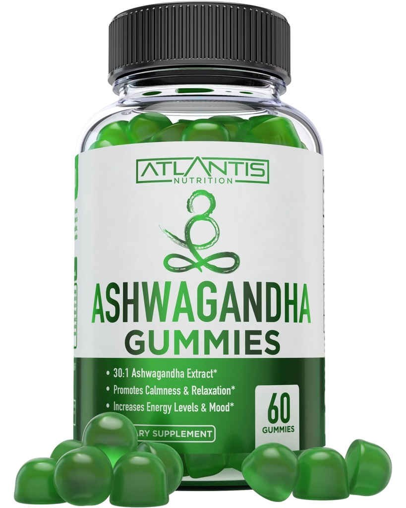 Atlantis Nutritie Ashwagandha Gummies - 1500 MG Per Serving - Promoveaza calmul, imbunatateste starea de spirit, imbunatateste nivelurile de energie si intari sistemul imunitar - Formulat cu vitamina D &amp; zinc - Vegan 60 Conte