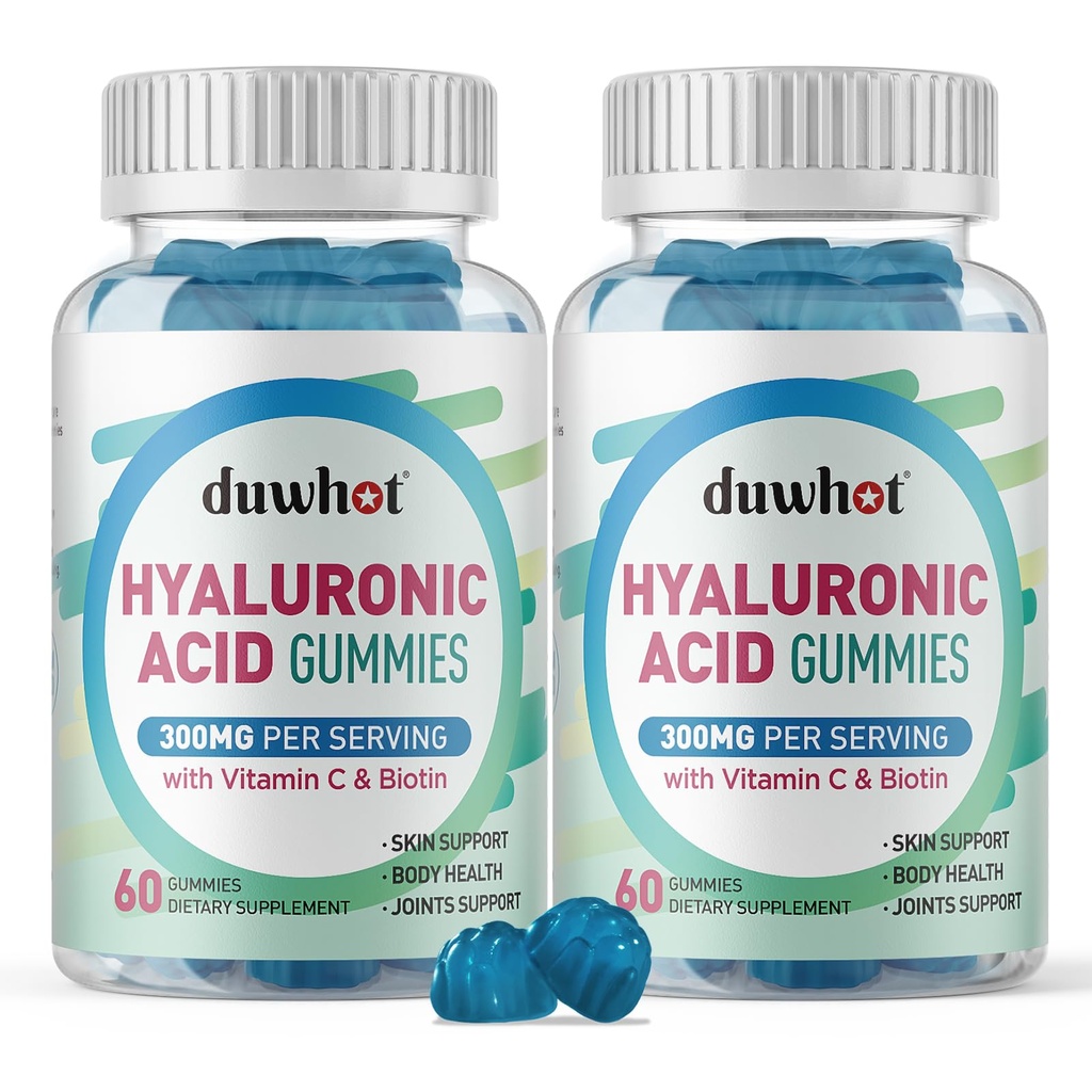 Gume de acid hialuronic, Suplimente de acid hialuronic cu vitamina C & Biotin 5000mcg pentru piele, păr, unghii de sănătate, Articulații Suplimente pentru femei și bărbați, Zahăr scăzut, Vegan, Non-GMO, 60 Conte
