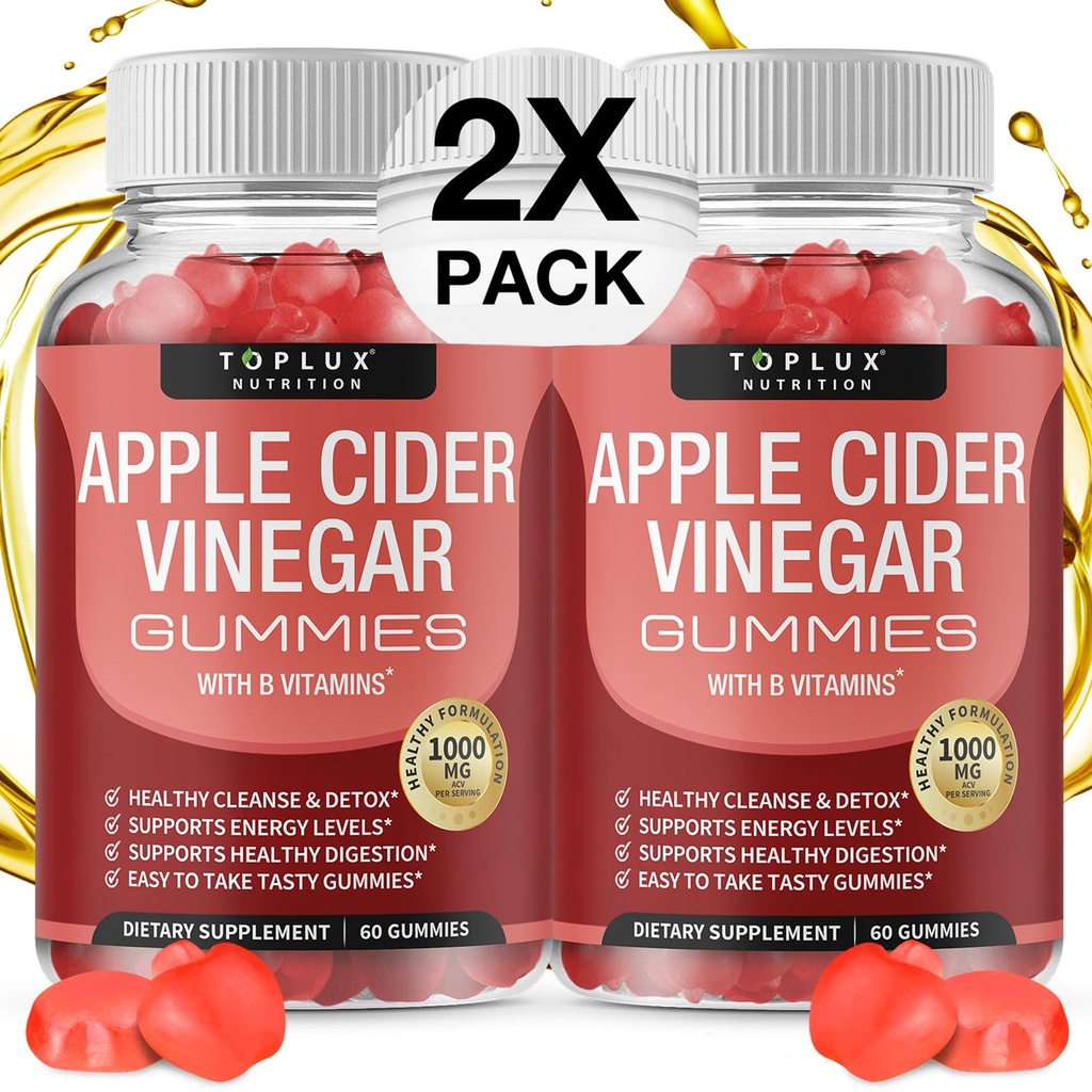 Toplux Apple Cider Otegar Gumries - 1000mg ACV cu B12, Root de sfeclă, rodie pentru Immune System, Detox & Cleanse, Gummy Alternative la Apple Cidru Capsule de Vinegar, pentru bărbați Femei 2X Pack