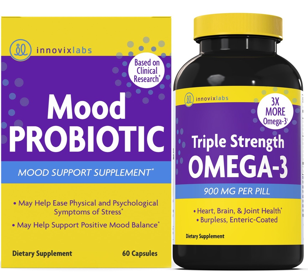 InnovixLabs Mood Probiotic & Triple Omega Bundle Mood Probiotic (60 capsule) Triple Putere Omega-3 Ulei de pește (200 Softgel). Susţine creierul, articulaţiile şi sănătatea imună