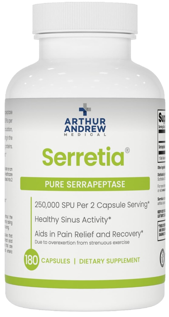 Arthur Andrew Medical, Serretia, Serrapeptase Formula pentru suport muscular şi sinusal, 180 Capsule